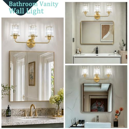 Brushed Gold Vanity Lights, 3-Light Crystal Bathroom Light Fixtures | Modern Bathroom Vanity Light E26 Wall Light over Mirror (Exclude Bulb) - color: Brushed Gold, size: 3-Light