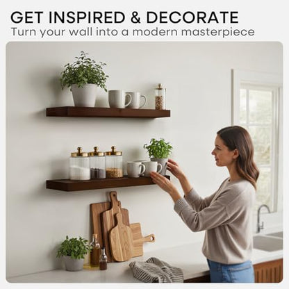 Walnut 18 inch Floating Shelf, High End Solid Real Wood 18inch Floating Shelves for Wall Mounted, Dark Brown 18 inches Long Floating Shelves, Heavy Duty Bracket, 18 X 6.5 X 1.75 in, Set of 2 - color: American Walnut - Satin Dark Tone, size: 18 inch