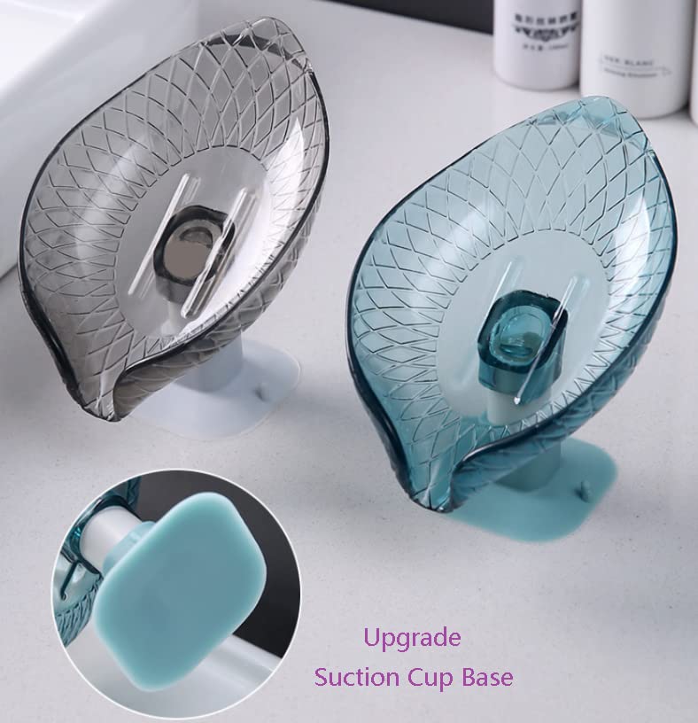 4 Pack Transparent Soap Dish Holder Bar Soap Holder Self Draining for Shower Leaf Shape Soap Holder Sponge Container with Enlarged Sucker Self-Draining to Keep Soap Dry (2Blue+ 2Grey) - color: 2blue+2grey