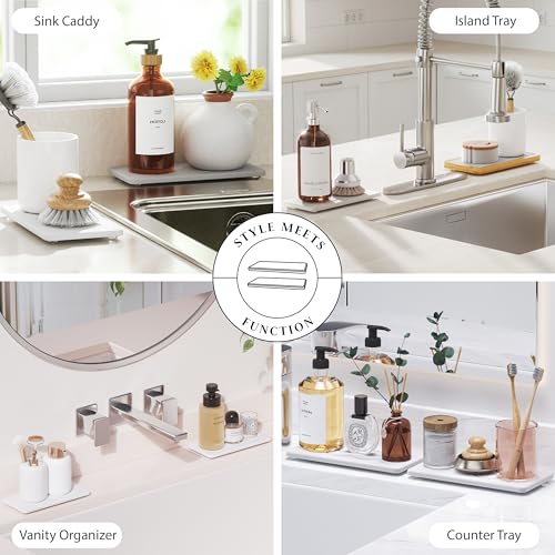 Kitchen Stone Sink Caddy, 2pcs Water Absorbing Stone Tray, Quick-Drying Faucet Mats, Diatomite Bathroom Counter Tray, Soap Dispenser Sponge Holder, Kitchen Sink Organizer (with Non-Slip Feet) - color: White
