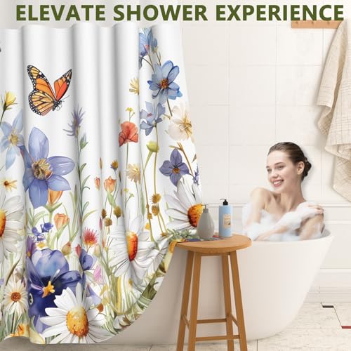 No Hook Shower Curtain and Liner Set, Waterproof Farmhouse Shower Curtain with Weighted Hem and Sheer Top Window, Double Layer Garden Floral Shower Curtains for Bathroom, 71x74 Inches - color: Spring Garden