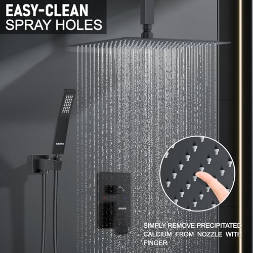 KOJOX Matte Black Ceiling Shower Fixture with 12 Inch Rainfall Shower head and Handheld Head, Bathroom Shower Faucet Set Trim Kit with Mixer Valve - color: Matte Black, size: 12 Inch-Square