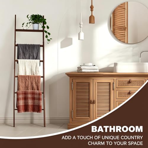 Blanket Ladder for Living Room and Bedroom,6-Tier Decorative Display Ladder Shelf,Ladder Rack for Storage and Decor,Wall Leaning Farmhouse Blanket Storage,Towel Rack, Bathroom,Brown