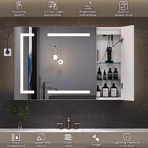 Hasuit Lighted Medicine Cabinet with Mirror, Wall Mounted Bathroom Mirror with Storage, 3 Doors Bathroom Wall Cabinet with LED Lights, 39.4'' x 23.6'' - size: 39.4'' x 23.6'' With 3 Doors