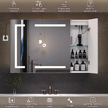 Hasuit Lighted Medicine Cabinet with Mirror, Wall Mounted Bathroom Mirror with Storage, 3 Doors Bathroom Wall Cabinet with LED Lights, 39.4'' x 23.6'' - size: 39.4'' x 23.6'' With 3 Doors