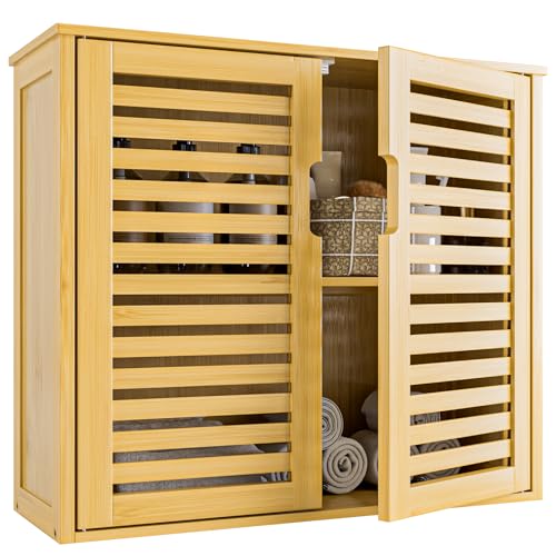 HITNET Bathroom Wall Cabinet, Medicine Cabinet Over the Toilet, Bamboo Hanging Storage Organizer with 2 Doors and Adjustable Shelf for Kitchen, Living Room, Natural - color: Natural
