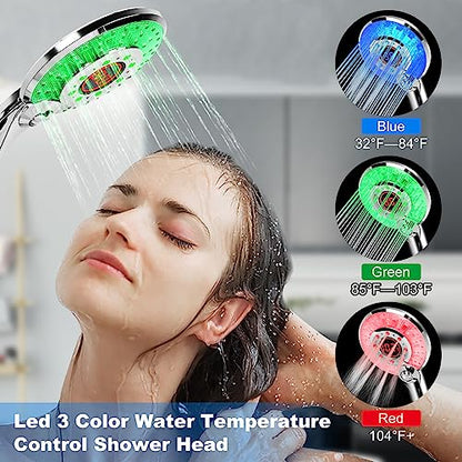 LED Shower Head Color Changing, Shower Head High Pressure with Hose | Water Saving Spray Showerheads, Discoloration Warning, Water Temperature Display, 3 Spray Modes, Easy to Install, ‎Chrome