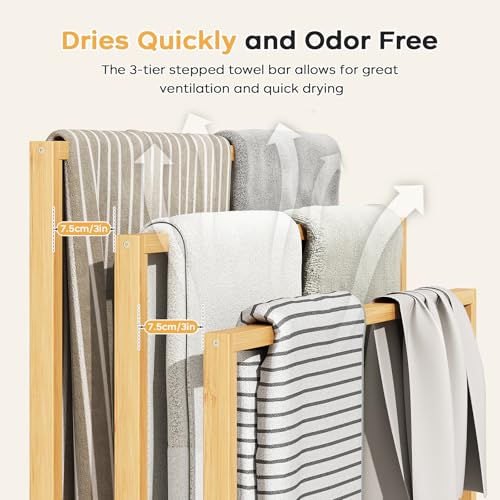 Bamboo Towel Rack Stand, 3 Tier Freestanding Bathroom Towel Drying Rack | 31.5"W × 9.4"D × 39.4"H • Natural • Waterproof • Blanket rack • Blanket holder • Ventilated • Bottom shelf • Anti-tip - color: Natural