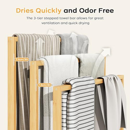 Bamboo Towel Rack Stand, 3 Tier Freestanding Bathroom Towel Drying Rack | 31.5"W × 9.4"D × 39.4"H • Natural • Waterproof • Blanket rack • Blanket holder • Ventilated • Bottom shelf • Anti-tip - color: Natural