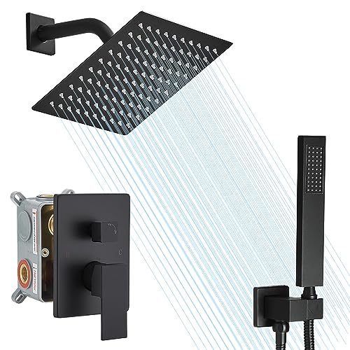 Shower Faucet Set Rain Shower System Matte Black with High Pressure 8-Inch Shower Head Handheld Square Shower Head Bathroom Luxury Rain Shower Faucet Shower Complete Combo Kit Wall Mounted - color: Matte Black, style: 8"- 2 Function