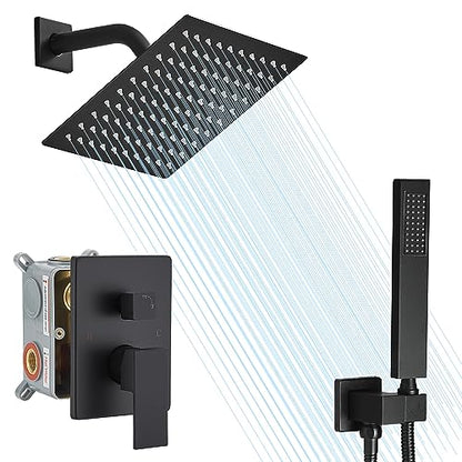 Shower Faucet Set Rain Shower System Matte Black with High Pressure 8-Inch Shower Head Handheld Square Shower Head Bathroom Luxury Rain Shower Faucet Shower Complete Combo Kit Wall Mounted - color: Matte Black, style: 8"- 2 Function