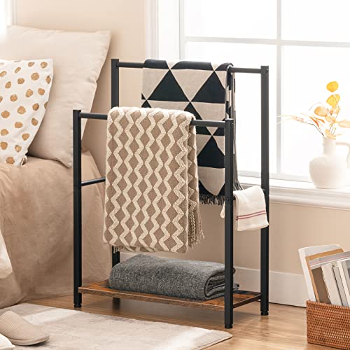 HOOBRO Free Standing Towel Rack for Bathroom, 22" L x 9.4" W x 31.5" H, 2 Tier Blanket Rack, Blanket Holder, Drying and Display Rack with Shelf, Rustic Brown and Black BF04LB01 - color: Rustic Brown + Black, size: 22" L x 9.4" W x 31.5" H