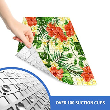 FCZ Bath Tub Mat Non Slip Shower Mat Tropical Floral Green Palm Tree Extra Long 26.8x15 inches Rectangular PVC Mat with Suction Cups Drain Holes Machine Washable - color: Tropical Floral Green Palm Tree