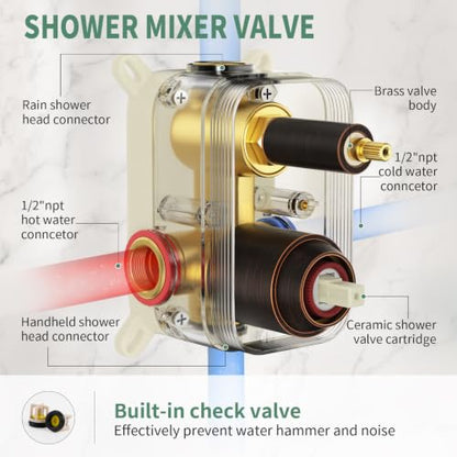 SunCleanse Rainfall Shower System with High Pressure in Oil Rubbed Bronze | Ceiling mounted shower combo set featuring a 12" square rain head, handheld spray, and rough-in mixer valve with trim. - color: Oil Rubbed Bronze, style: 12-ceiling