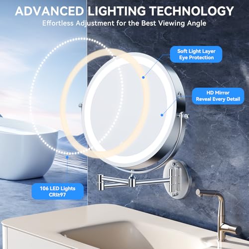 Auxmir 9″ 5000mAh 1X/30X Wall Mounted Lighted Magnifying Makeup Mirror | Power Adapter&2 Tweezers Included/ 3 Dimmable Colors/ Dual Sided Button Control/ Rechargeable/ 360° Rotation Extended Arm - color: 9'' 30x-chrome+adapter