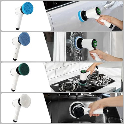Electric Spin Scrubber, Cordless Power Cleaning Brush with 8 Replaceable Heads, 2 Adjustable Speeds, LED Display & Long Handle, Ideal for Bathroom Tub Tile Floor Car Cleaning