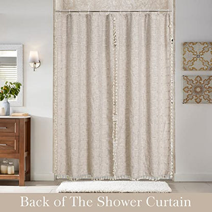 Boho Farmhouse Classic Plaid Double Swag Tassel Shower Curtain Tan,72x72 | 310GSM Linen Blend Heavy Duty Cloth,Double Swag Design,3-side Tassels,Wrinkle Resistant,Rustic Bohemian,Water Repellent - color: Tan Brown, size: 71"W x 71"L (Pack of 1)