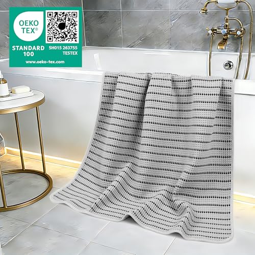 POLYTE 430 GSM Poly Blend Microfiber Quick Dry Waffle Bath Towel, 30x60 in | 4 Pack, Oversize, Lint Free, Body Towel - color: Light Gray/Black