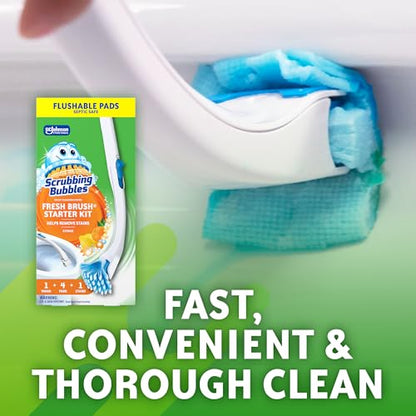 Scrubbing Bubbles Toilet Bowl Cleaning System with Flushable & Disposable Cleaner Refill Pads, Fights Odors and Helps Remove Limescale & Hard Water Stains, Citrus Scent, 1 Wand + 4 Refills + 1 Stand - size: 1 Count (Pack of 1), style: Starter Kit
