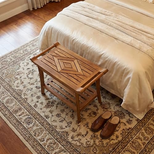 Teak Shower Bench Stool Seat, w/Leveling Feet, Waterproof, Teak Oil Finish | Xtra-Comfortable, 25” Wide 19” Tall 14” Deep, for Indoor/Outdoor Shower, Front Entrance, Spa, Sauna, Pool Deck, Patio, Garden