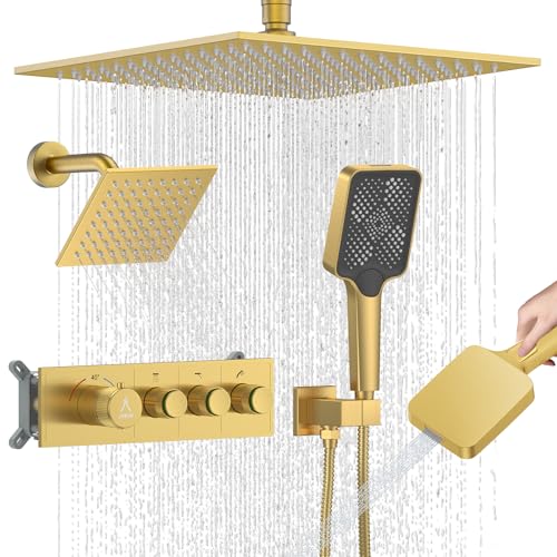 Shower System Modern Rain Brass Faucet Set With Valve and Diverter Shower Mixer With Handheld High Pressure Square Rainfall Shower Valve (12+6'' Wall Mount Thermostatic Valve, Brushed Gold) - color: Brushed Gold, style: 12+6'' Wall Mount Thermostatic Valv