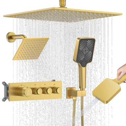 Shower System Modern Rain Brass Faucet Set With Valve and Diverter Shower Mixer With Handheld High Pressure Square Rainfall Shower Valve (12+6'' Wall Mount Thermostatic Valve, Brushed Gold) - color: Brushed Gold, style: 12+6'' Wall Mount Thermostatic Valv