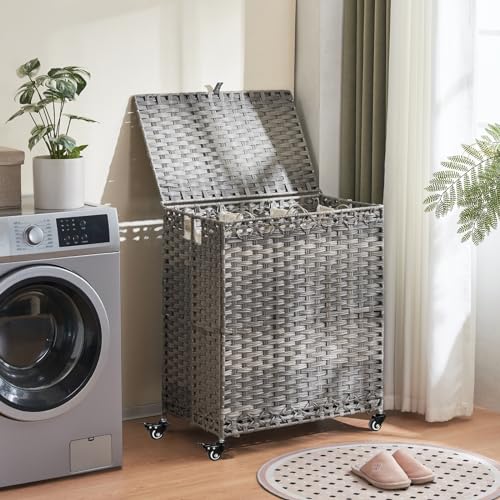 Laundry Hamper with Wheels&Lid, 50.2 Gallons(190L) Rolling Laundry Basket with Wheels, 3-Section Laundry Hamper, Handwoven Rattan Clothes Hamper with 6 Removable Liner& 3 Mesh Laundry Bags, Grey - color: Grey