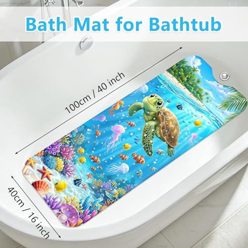 Kids Bath Mat for Tub Non Slip – 40"x16" Cute Cartoon Turtle Baby Bathtub Mats, Machine Washable, Extra Long Tub Mats with Suction Cups & Drain Holes Non Slip Baby Shower Mat for Toddler Bath(Turtle) - color: Turtle1