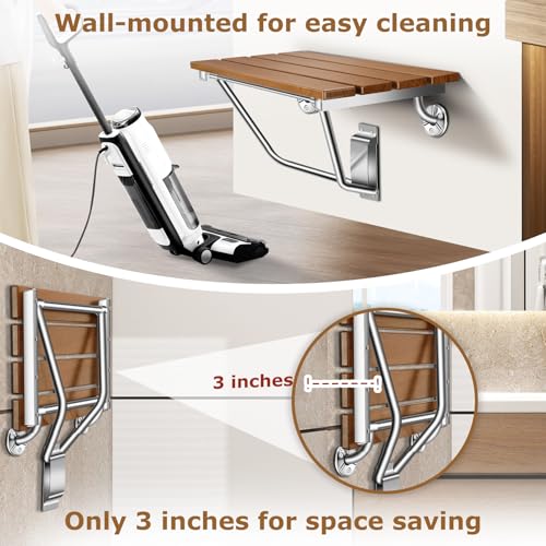 28" Wall Mounted Folding Shower Seat Stainless Steel Frame for Space Saving | Teak Foldable Shower Chair for Elderly, Pregnant, Disabled, Kids (Max 500lb) - size: 28 inches Teak Shower Bench