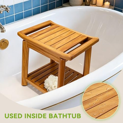 Teak Shower Stool 17" for Inside Shower, HeavyDuty Shower Bench Seat | Non-Slip Shower Stool with Storage Shelf, Waterproof Shower Chair for Seniors & Post Surgery, Safe Bathing & Everyday Comfort - size: 17"-Comfort+