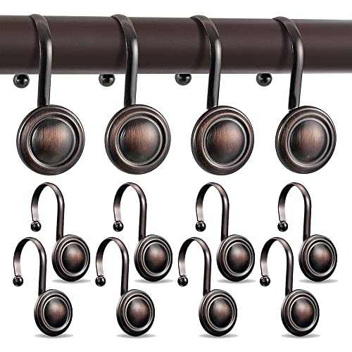 Bronze Shower Curtain Hooks Brown, Decorative Tan Copper Curtain Rod Hooks, Dark Vintage Rustic Farmhouse Curtain Rings (12 Pcs Set)