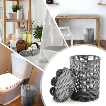 Ctosree 1.3 Gallons Small Wicker Trash Can with Lid Handle Woven Wicker Rattan Bathroom Waste Basket Boho Trash Basket with 100 Plastic Garbage Bags for Bedroom Office Laundry (Scalloped Style, Gray) - color: Gray, size: 1.3 Gallons, style: Scalloped Styl