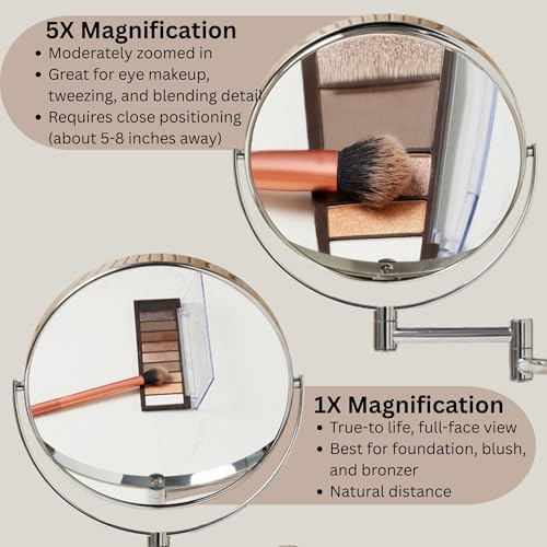 JERDON Wall-Mounted Makeup Mirror - 5X Magnification - Chrome - JP7506CF | 8" Round Frame, 13.5" Wall Extension Arm - color: Chrome, size: 5X Magnification