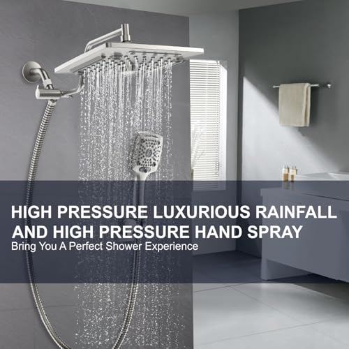 ELLO&ALLO Rain Shower Head with Handheld Spray, Rainfall Shower Head Combo with 60" Hose, Dual Showerhead Set with Adjustable Shower Extension Arm, Brushed Nickel