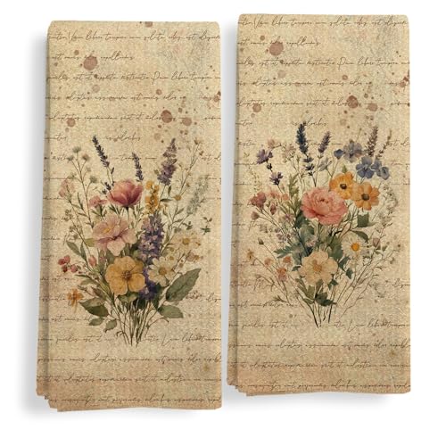 Floral Kitchen Towels Set of 2, Vintage Floral Hand Towels for Bathroom, Retro Cottagecore Wildflower Botanical Decorative Dish Tea Towels for Kitchen Decor, 16X24In - color: Vintage Floral 3
