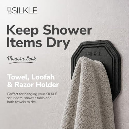 SILKLE Silicone Shower Hooks for Inside Shower, 2-Pack Adhesive Towel Hooks | Adhesive Shower Hooks, No Drill - Razor & Loofah Holders for Shower Wall, Heavy-Duty, Waterproof, Damage-Free - Black - color: Black