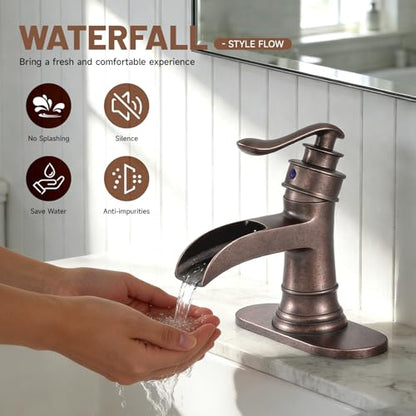 Bathroom Sink Faucet Waterfall Bath Faucets with Pop Up Drain Stopper | Antique Copper,Single Handle Single Hole, Commercial Rustic Farmhouse Vanity Sink,with Supply Lines Hose By Bathfinesse - color: Copper