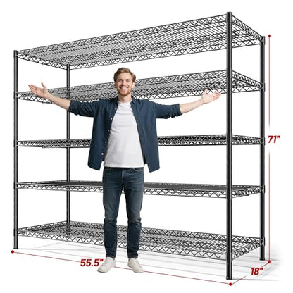 REIBII 3200LBS Storage Shelves 55.5" W Garage Shelving Heavy Duty 5 Tier Adjustable Wire Shelving Unit Metal Shelving for Garage Pantry Commercial Basement,55.5" W X 18''D X 71" H - color: Black