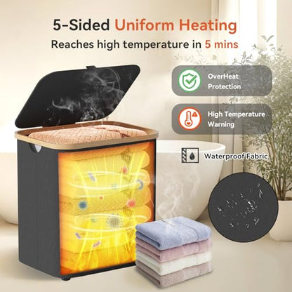 Towel Warmer & Laundry Hamper 2-in-1, Black Foldable Towel Warmer for Bathroom with Removable Heating Bag, 20/40/60Mins Timer, Auto Shut-Off, 38L Fits 2 to 3 Large Towels PJs Blankets