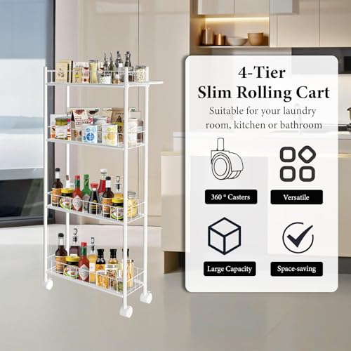 Utility Slim Storage Cart, 4-Tier Storage Cart, Narrow Cart with Handle, 7.1 Inches Deep, Metal Frame, for Kitchen, Dining Room, Living Room, Home Office, Rustic Brown and Classic (4 Tier White) - color: 4 Tier White