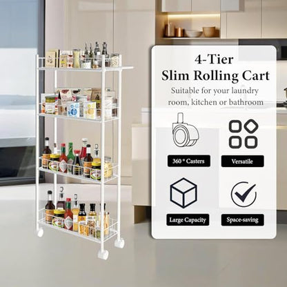 Utility Slim Storage Cart, 4-Tier Storage Cart, Narrow Cart with Handle, 7.1 Inches Deep, Metal Frame, for Kitchen, Dining Room, Living Room, Home Office, Rustic Brown and Classic (4 Tier White) - color: 4 Tier White