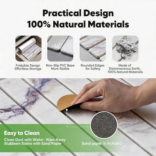 Stone Drying Mat for Kitchen Counter, Quick Diatomaceous Earth Mats for Dishes, 24"L x 16" W Super Absorbent Fast-Drying Collapsible Countertop Stone Mat (Marble White-06, 24" x 16") - color: Marble White-06