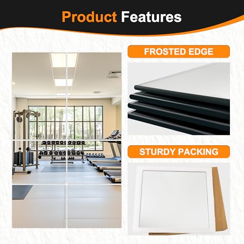 Frameless Mirror Tiles 16"x12"x8 Pcs Wall Mounted | Shatter Resistant, Full Length, Tempered Glass Panels, For Home Gym Bathroom Bedroom & Living Room Decor - size: 16''x12''-8PCS