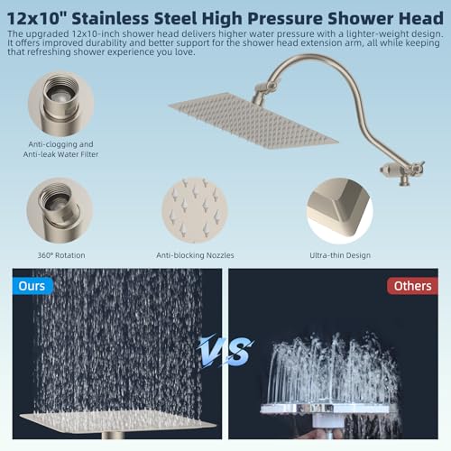Hibbent 12'' All Metal CUPC Certified Shower Head, High Pressure Rainfall Shower Head, Handheld Showerhead Combo, 12'' Adjustable Extension Arm, 10-Spray, 71'' Hose, Showerhead Holder, Brushed Nickel - color: Brushed Nickel, style: Square 12''