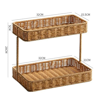 Two Tier Storage Rack Woven Rattan Storage Rack Thickened Edges Countertop Organizer for Vanity Table, Large, Widened Lower Layer - size: Large, Widened Lower Layer