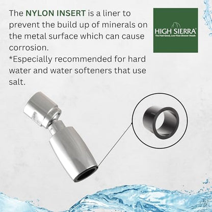 High Sierra® Classic™ Solid Metal 1.5 GPM Award Winning, Ultra Low Flow Shower Head. Patented Nozzle Never Clogs. Long Nut Hides Shower Arm Threads. Polished Chrome Finish - color: Chrome, size: 1.5 GPM