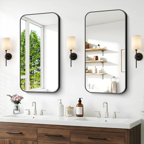 BONEWEI 20x36 inch Bathroom Mirror 2-Pack,Black Rectangle Mirror,Wall Mounted Bathroom Frame Vanity Mirror with Round Corner for Bedroom Living Room, Entryway Hangs Horizontal or Vertical - color: Black Rounded Rectangle, size: 36"L x 20"W-2pcs