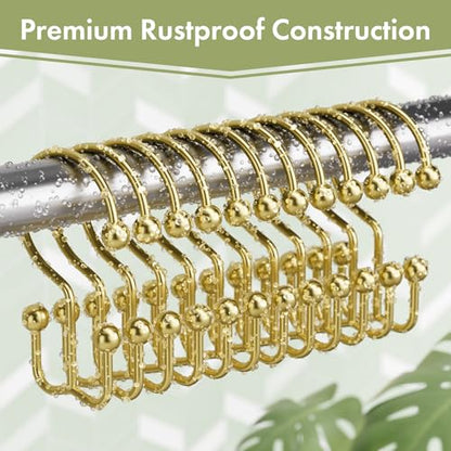 Gold Shower Curtain Hooks, 12PCS Minimalist Simple Double Shower Curtain Rings, Rust-Resistant Metal Shower Hooks Shower Curtain Hangers, Shower Rings for Bathroom Shower Rods Curtains - color: Gold, style: Minimalist - Double Hooks