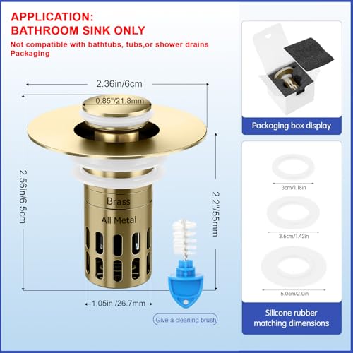 (All Metal) Bathroom Sink Stopper, Pop Up Drain Strainer for Bathroom Sink, Sink Plug Hair Catcher, Silent Popper Core w/Removable Filter Basket,Fit 1.05~2.0''Basin (Gold, 2 Pack) - color: Gold, size: 2 Pack