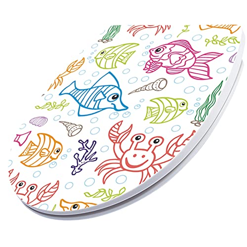 White Plastic Quick Release Toilet Seat - Oval Shape, Top Fixing with Adjustable Hinges, Easy Clean, Seagull and Starfish Design - One Size - color: Underwater World